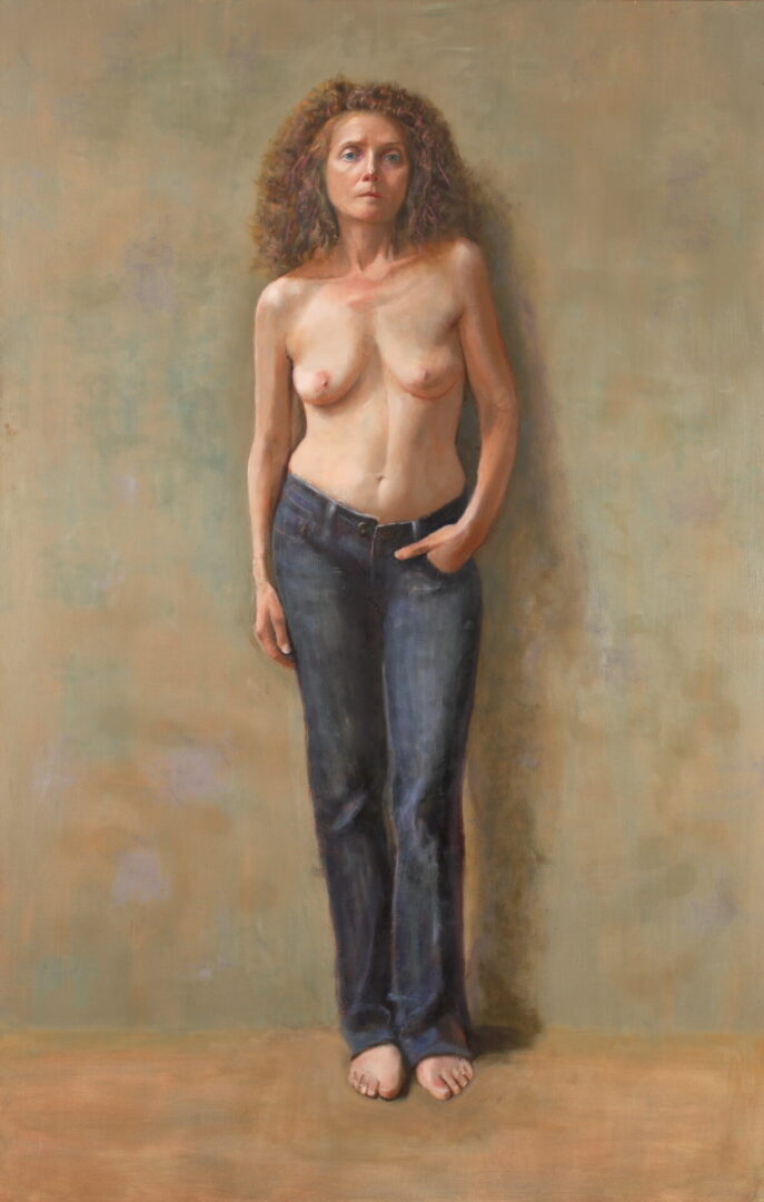 Woman standing in jeans, topless portrait
