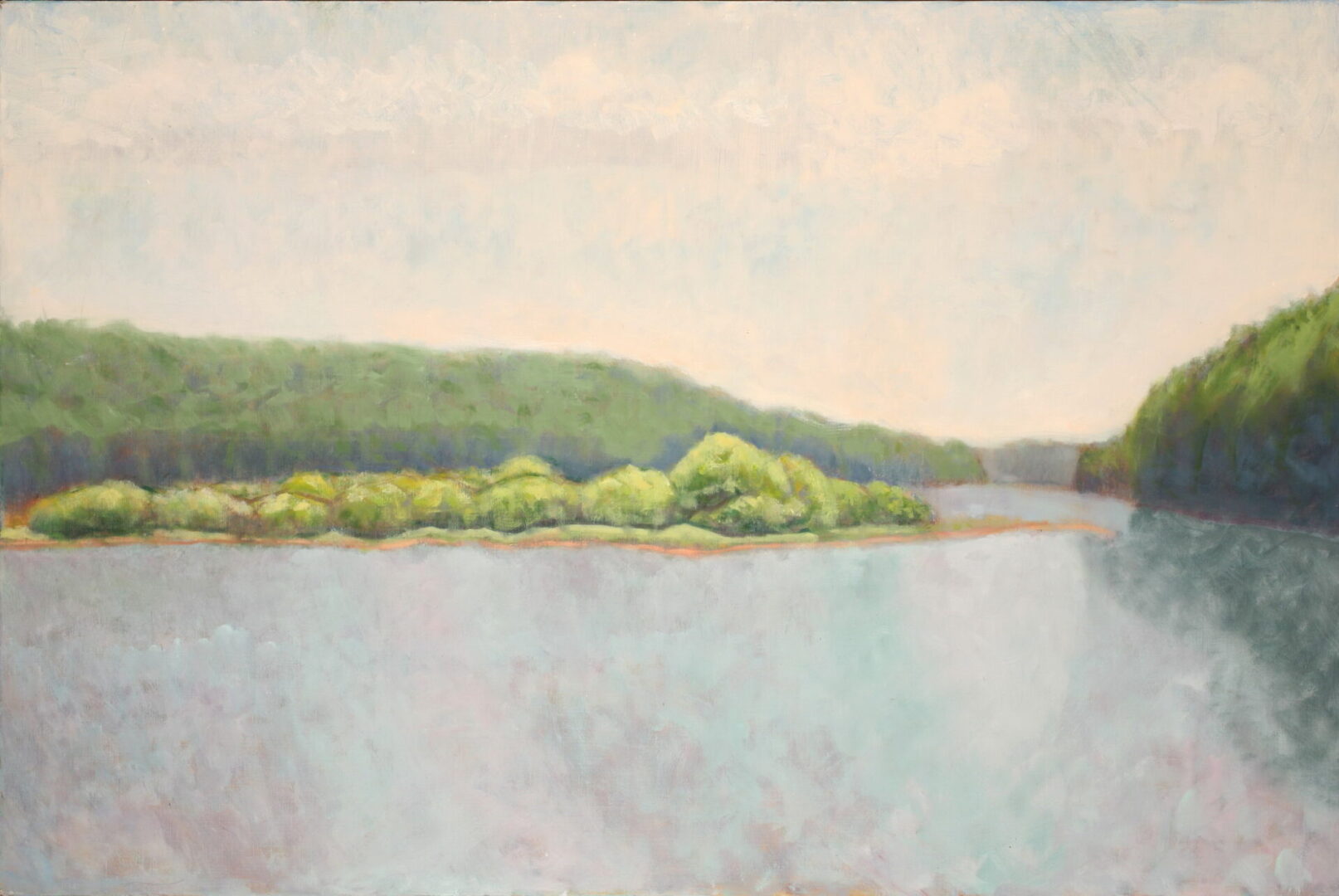 Peaceful water scene with forest backdrop