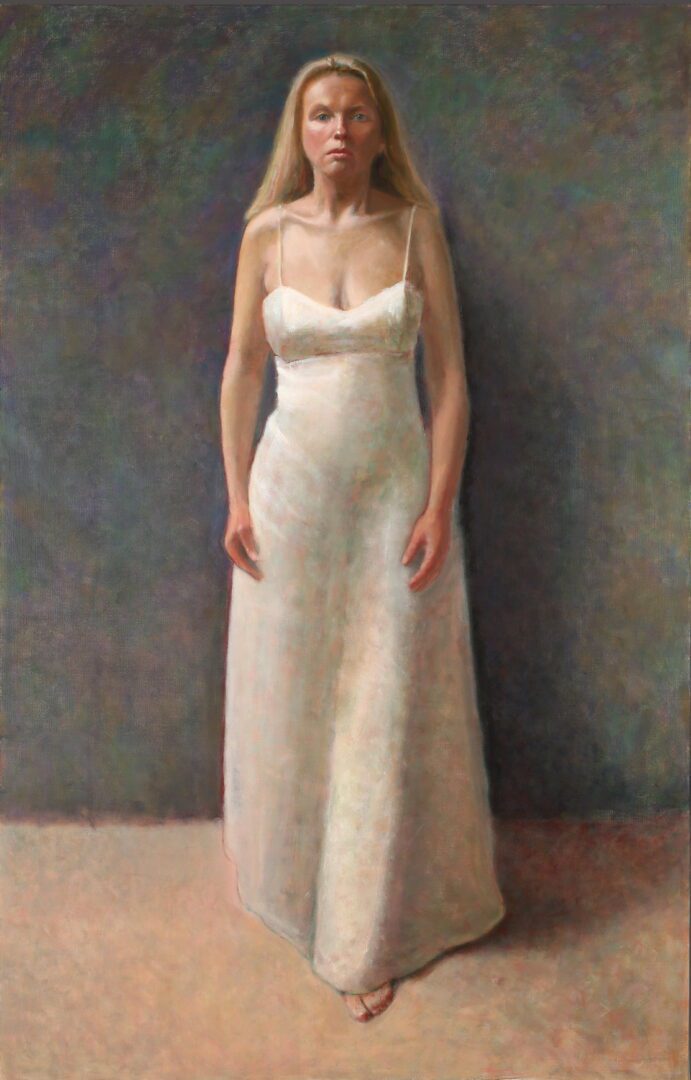 Female figure in formal white attire